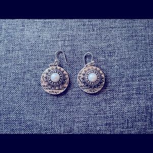 Pearl and engraved pendant drop earrings
